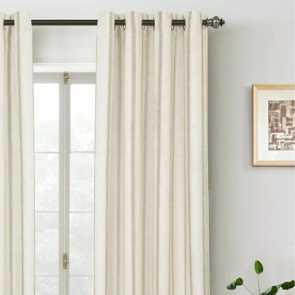 Set of 2 Panels, W52 x L36, Farmhouse Linen Curtains (Camel Beige Striped)